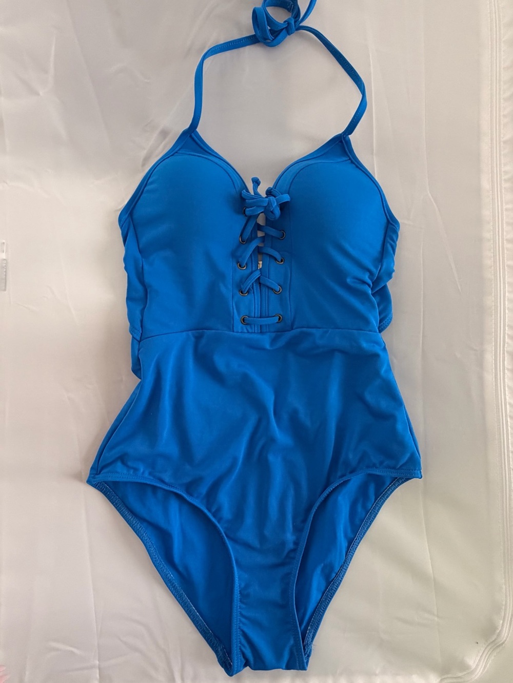 Jets Jessika Allen Blue One-Piece Lace-Up Halter Swim Suit